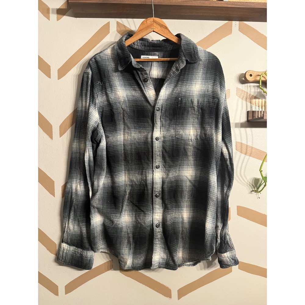 Sonoma Flannel Shirt Mens Large Black White Plaid Long Sleeve Button Down Cotton